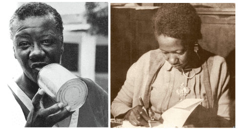 stella do patrocinio segurando uma lata e carolina maria de jesus autografando um livro