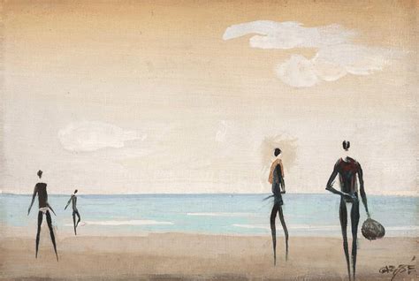 pintura de Carybe, mostrando uma praia e figuras longilíneas